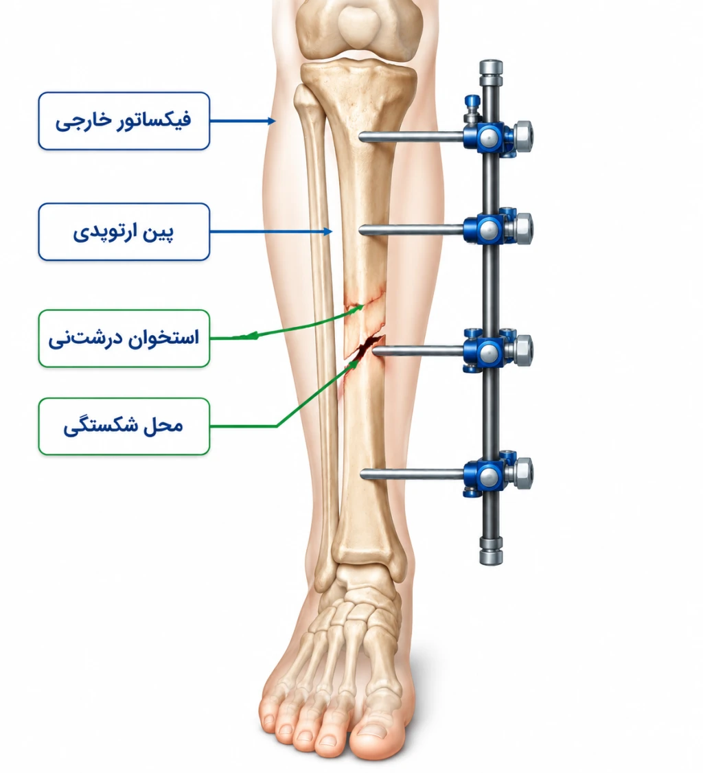 اصول استفاده از فیکساتور خارجی در تروماهای اندام تحتانی | راهنمای جامع تثبیت شکستگی‌های پیچیده