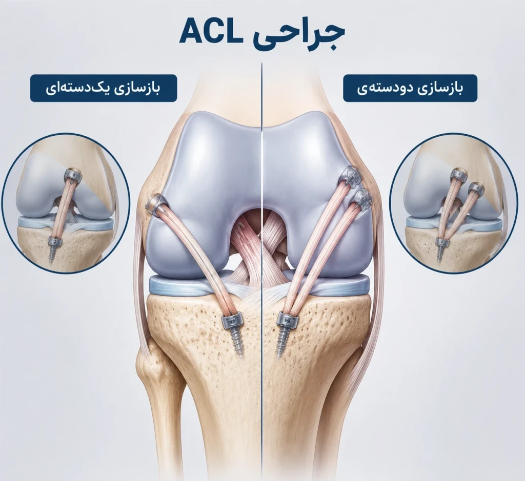 تفاوت بازسازی یک‌دسته‌ای و دودسته‌ای در جراحی ACL | مقایسه تکنیک‌های جراحی رباط صلیبی