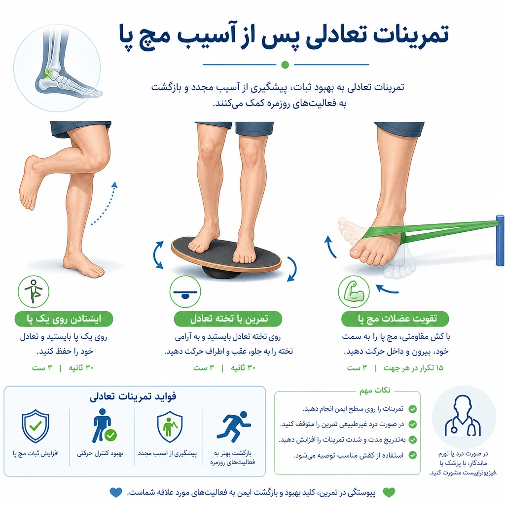 تمرینات تعادلی پس از آسیب مچ پا | راهکارهای بازتوانی و پیشگیری از عود آسیب