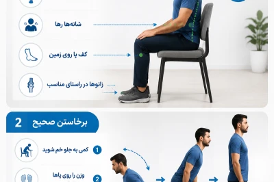 آموزش وضعیت‌های صحیح نشستن و برخاستن برای بیماران | راهنمای اصولی کاهش فشار بر ستون فقرات و مفاصل