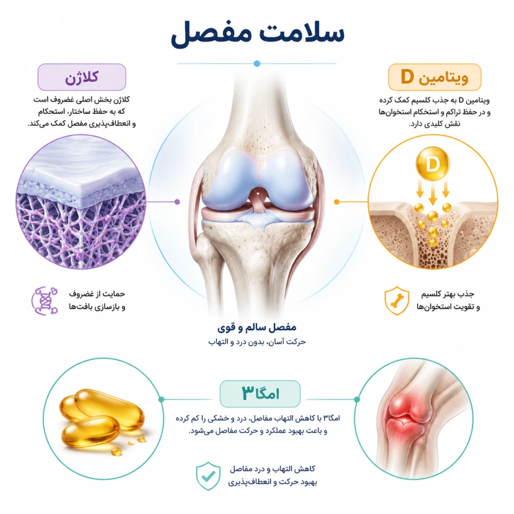 مصرف مکمل‌های مفید برای سلامت مفصل | بررسی نقش کلاژن، ویتامین D و امگا۳ در پیشگیری از آسیب‌های اسکلتی‌ـ‌عضلانی
