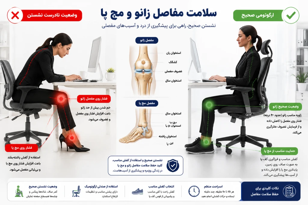 نقش ارگونومی در سلامت مفاصل زانو و مچ پا | بررسی تأثیر وضعیت‌های بدنی در پیشگیری از دردهای اسکلتی‌ـ‌عضلانی