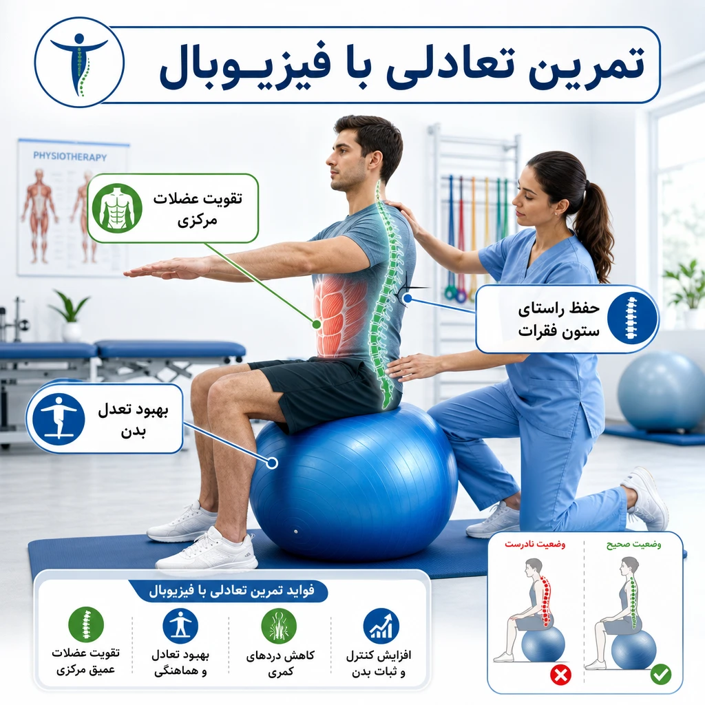 استفاده از فیزیوبال در تمرینات تعادلی | تقویت عضلات و بهبود ثبات مفاصل