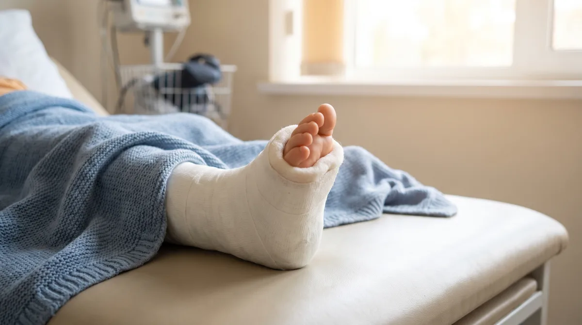 پای کودک در گچ اصلاحی سبک روی تخت معاینه
