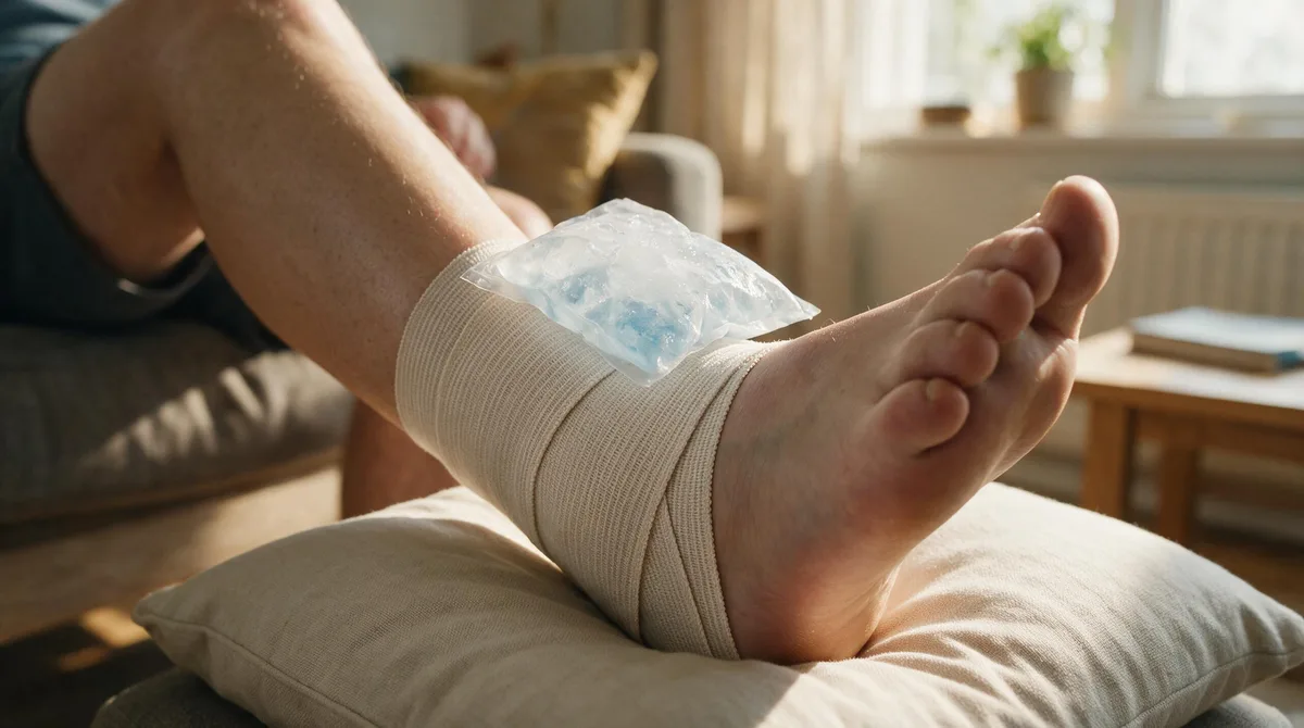 مچ پای بانداژشده با کمپرس سرد و پای بالا نگه‌داشته‌شده