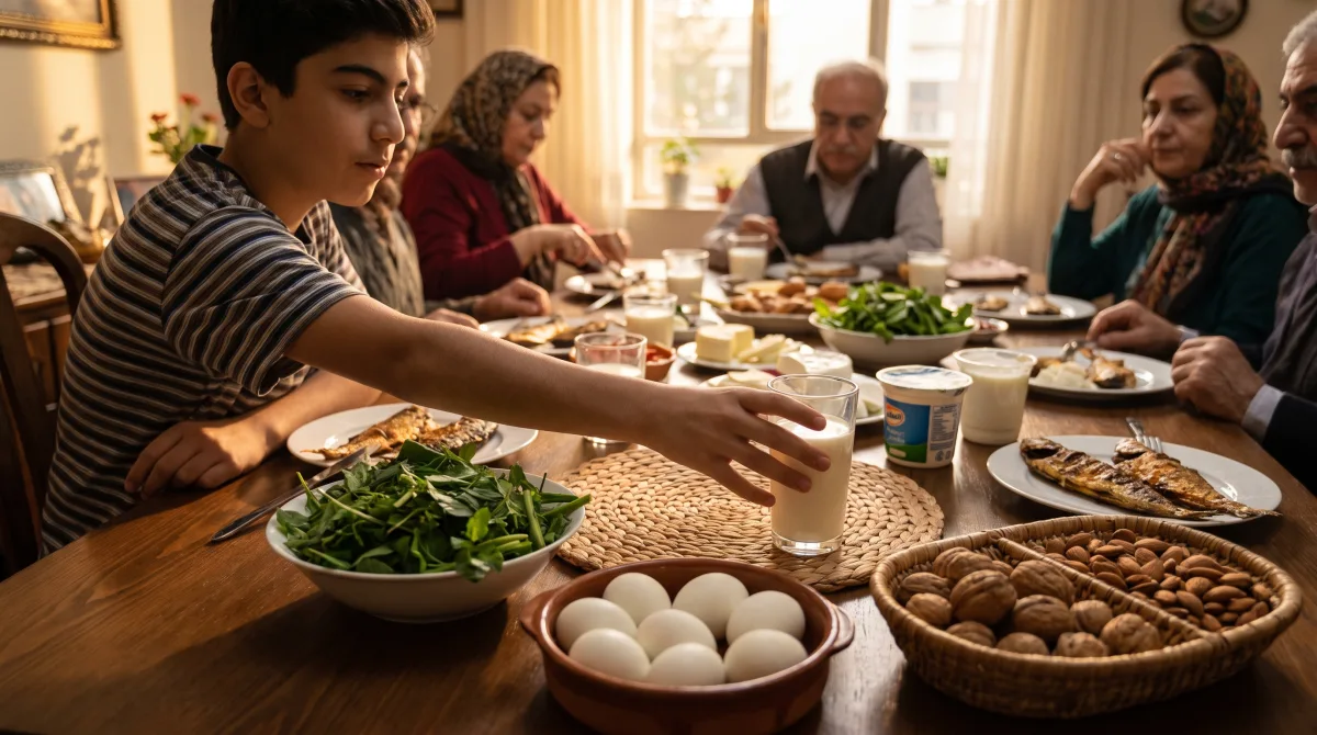 سفره‌ی خانوادگی با لبنیات، تخم‌مرغ، سبزی و ماهی و نوجوانی که لیوان شیر برمی‌دارد