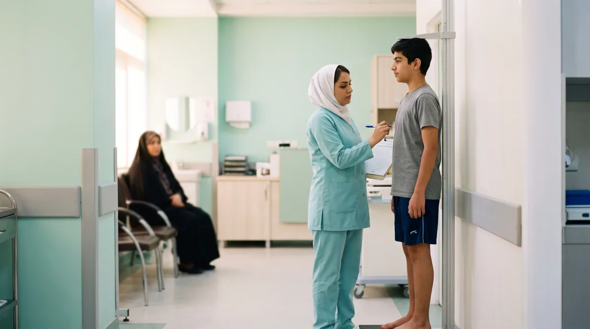 اندازهگیری قد نوجوان با قدسنج دیواری در مطب ارتوپدی