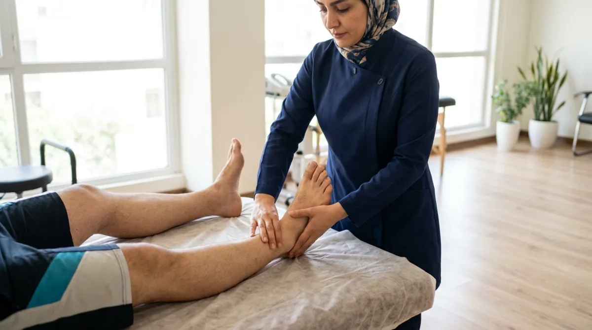 تمرین دامنه‌ی حرکتی مچ پا با فیزیوتراپیست در دوره‌ی درمان آسیب غضروف تالوس