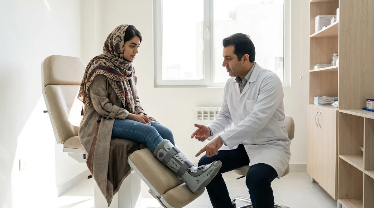 بیمار جوان با بوت طبی مچ پا در مطب و توضیح پزشک ارتوپد دربارهی فیکس کردن مچ پا