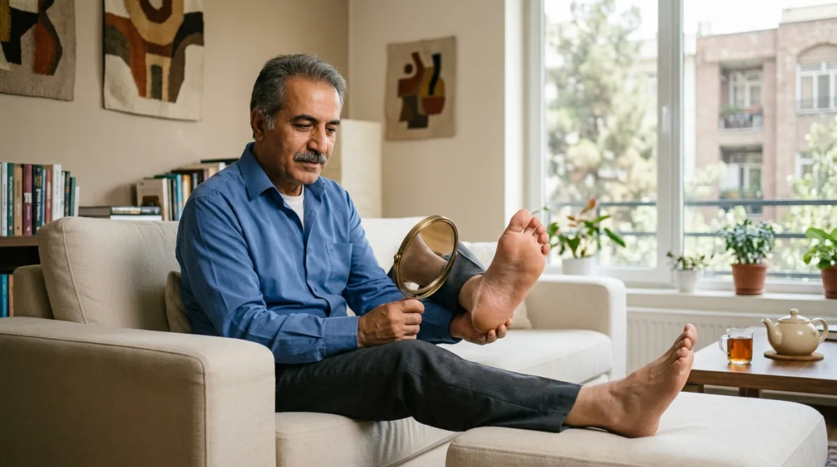 بررسی روزانه‌ی پا در منزل برای پیشگیری از عود استئومیلیت در بیمار دیابتی