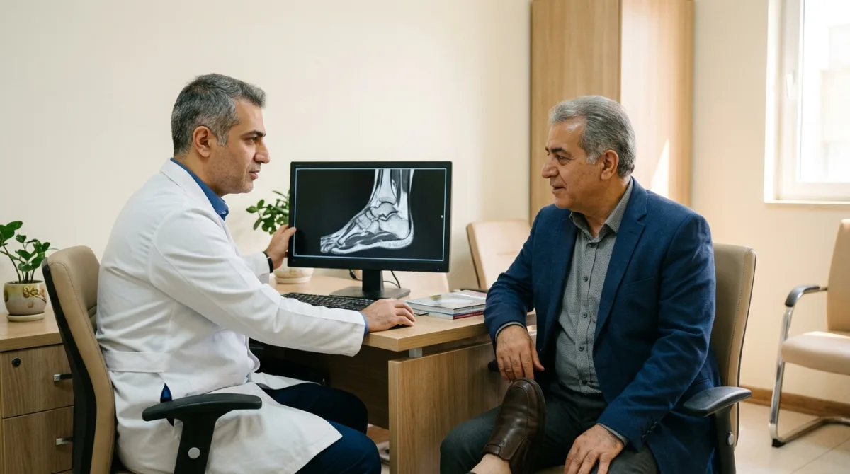 جراح ارتوپد در حال بررسی ام‌آر‌آی پا برای تشخیص استئومیلیت مزمن پا با بیمار