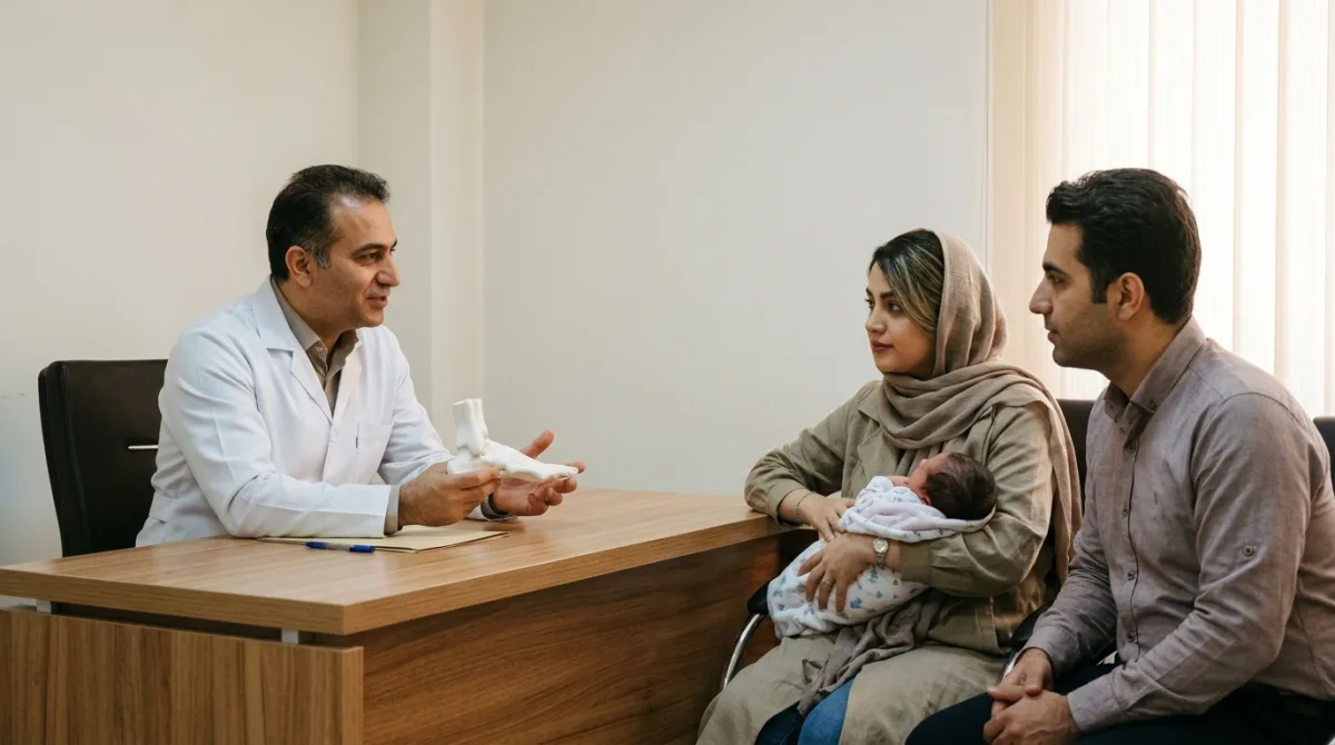 پزشک ارتوپد در حال توضیح مراحل درمان پاچنبری با روش پونستی به والدین
