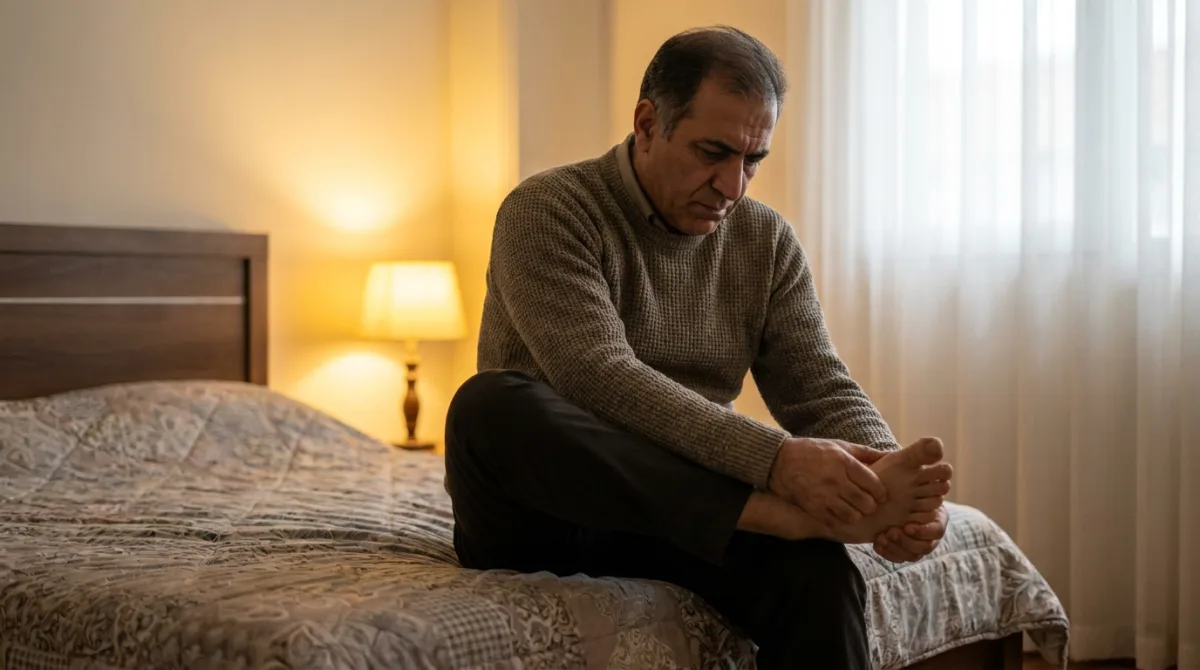 مرد میانسال ایرانی دیابتی که کف پای بی‌حس خود را لمس می‌کند؛ نوروپاتی محیطی پا