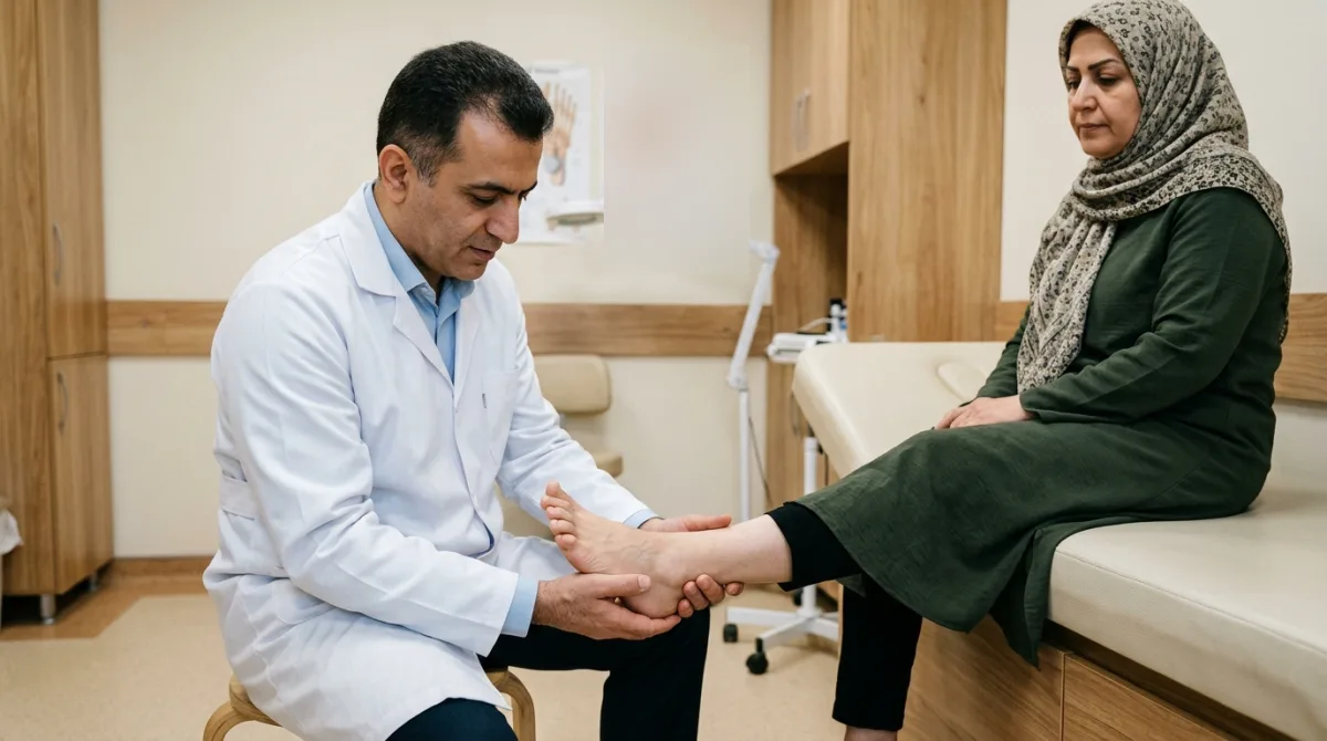 معاینه‌ی انگشت دوم پای بیمار توسط پزشک ارتوپد برای بررسی انگشت چکشی