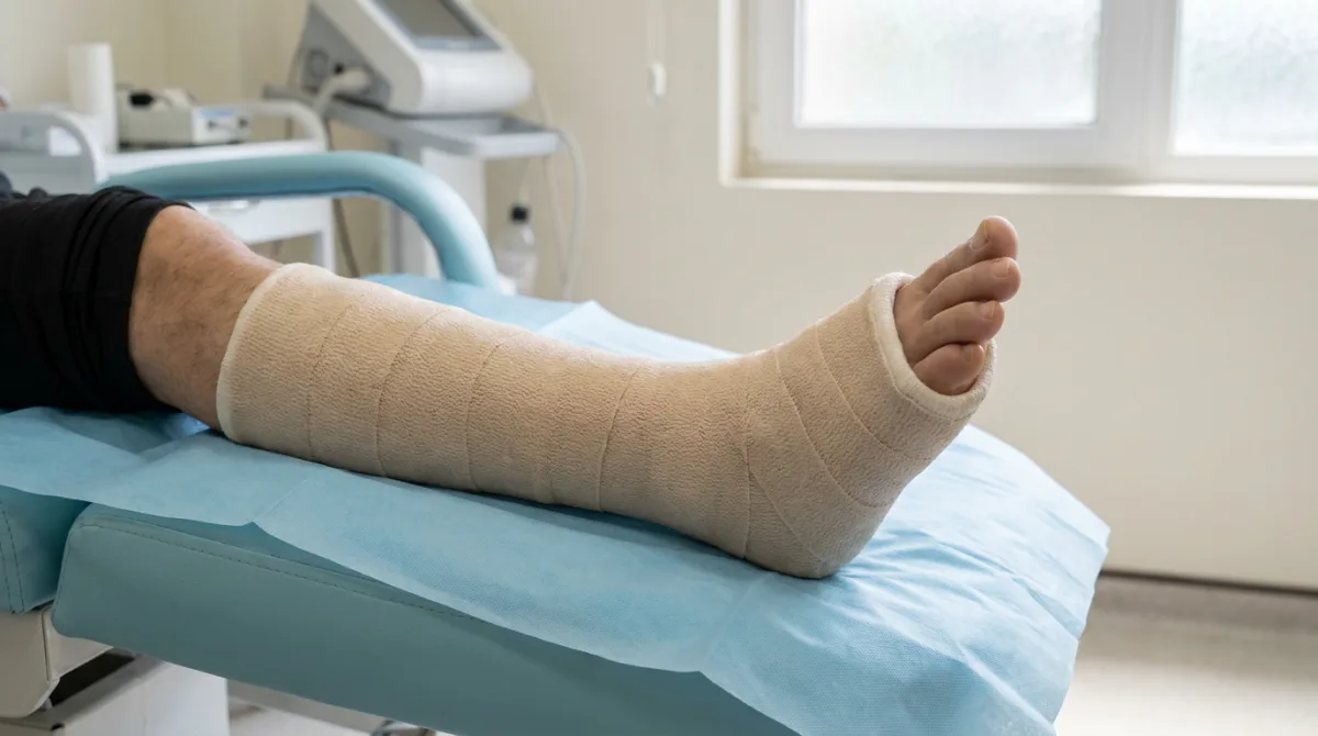 ساق پای بیمار در گچ فایبرگلاس برای شکستگی تیبیا