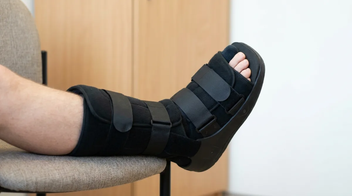 پای بیمار داخل بوت طبی برای شکستگی قاعده‌ی پنجم متاتارس