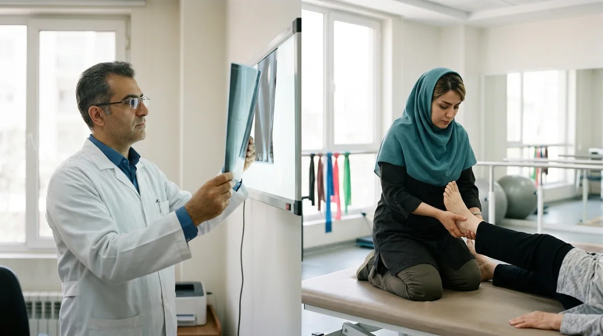 پزشک ارتوپد در حال بررسی عکس رادیولوژی و فیزیوتراپیست در حال تمرین‌دادن بیمار