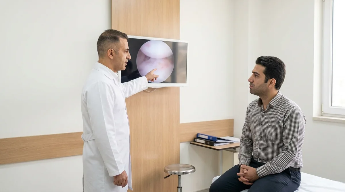 جراح ارتوپد در حال توضیح تصویر آرتروسکوپی مچ پا روی مانیتور به بیمار