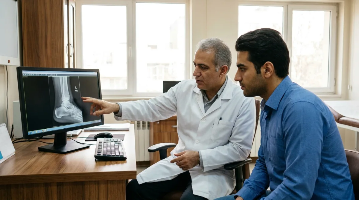 بررسی عکس رادیولوژی مچ پا برای استخوان اضافی توسط پزشک و بیمار