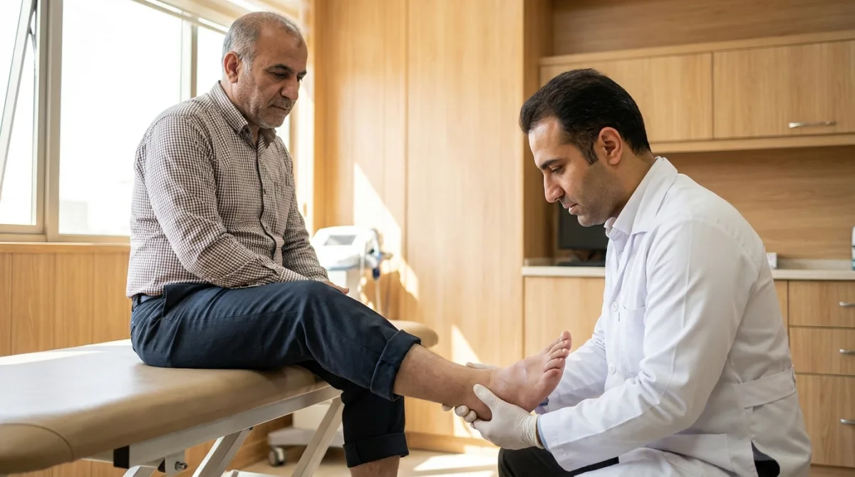 معاینه‌ی کف پای بیمار دیابتی برای پای شارکو در مطب ارتوپدی
