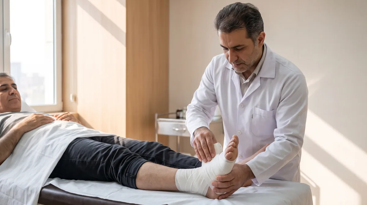 پزشک ارتوپد در حال بررسی پانسمان بعد از جراحی پای دیابتی روی تخت معاینه