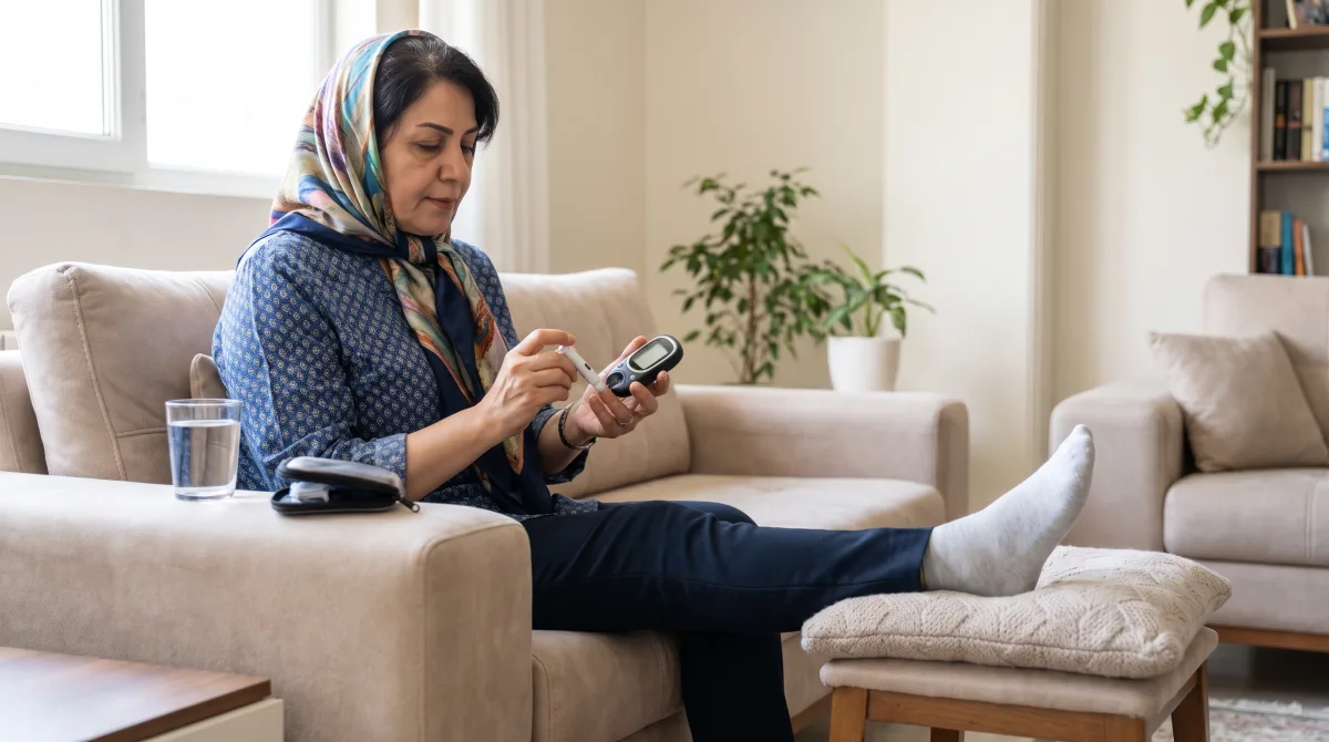بیمار در حال اندازهگیری قند خون در خانه در دورهی نقاهت بعد از جراحی پای دیابتی