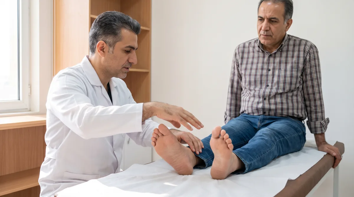 ویزیت پیگیری بعد از جراحی پای دیابتی؛ پزشک در حال معاینهی هر دو پای بیمار روی تخت