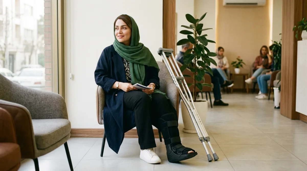 بیمار با بوت طبی و عصا در دوران نقاهت آسیب لیسفرانک
