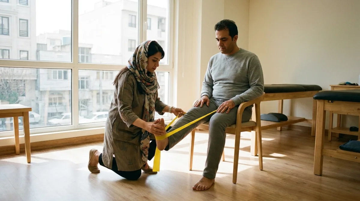 فیزیوتراپیست در حال تمریندادن پای بیمار با کش مقاومتی