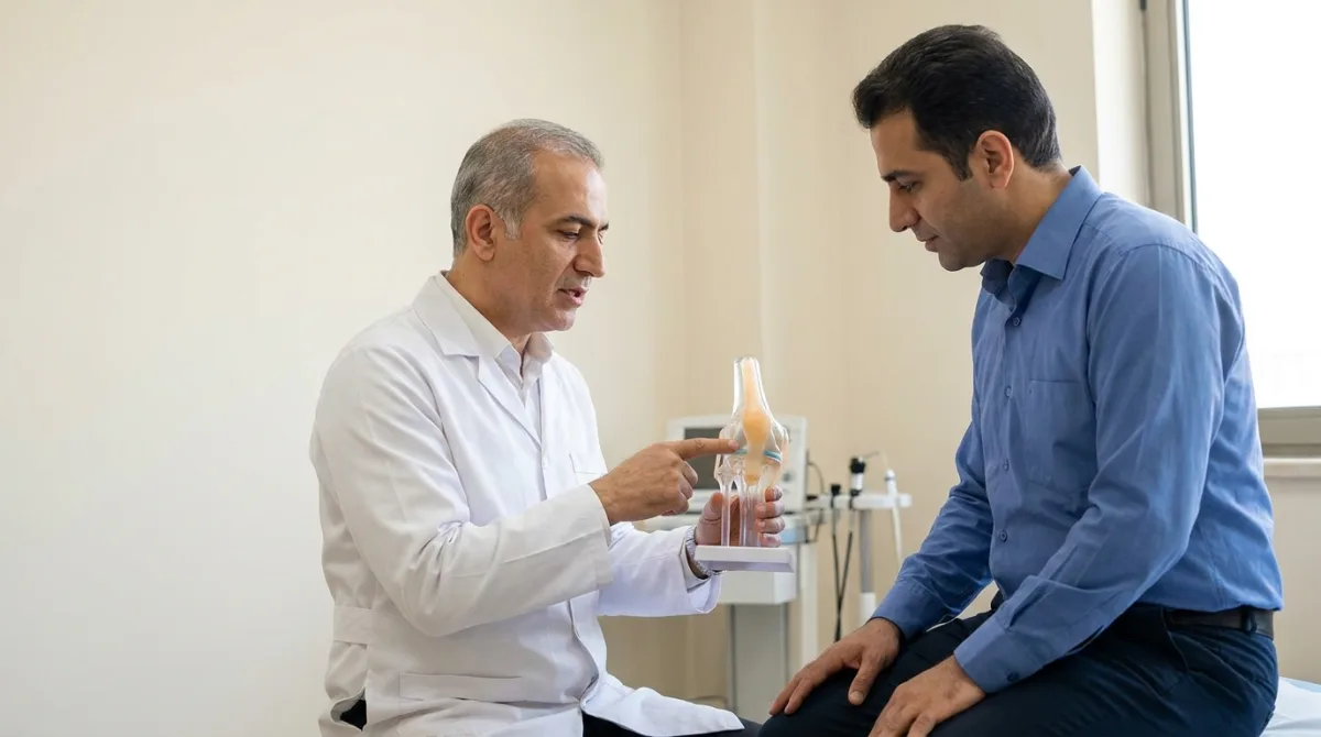 پزشک ارتوپد با مدل زانو محل مینیسک داخلی را به بیمار نشان می‌دهد