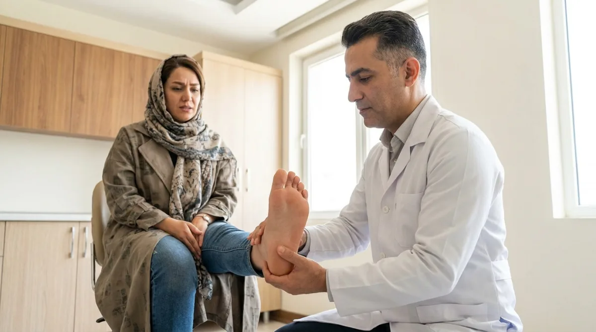 پزشک ارتوپد در حال معاینهی رنگ پوست کف پای بیمار برای بررسی سیاه شدن کف پا