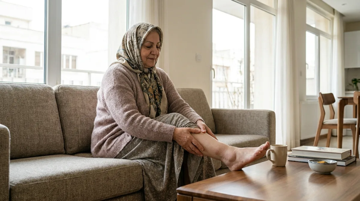 زن مسن ایرانی در حال ماساژ ساق پای متورم روی مبل