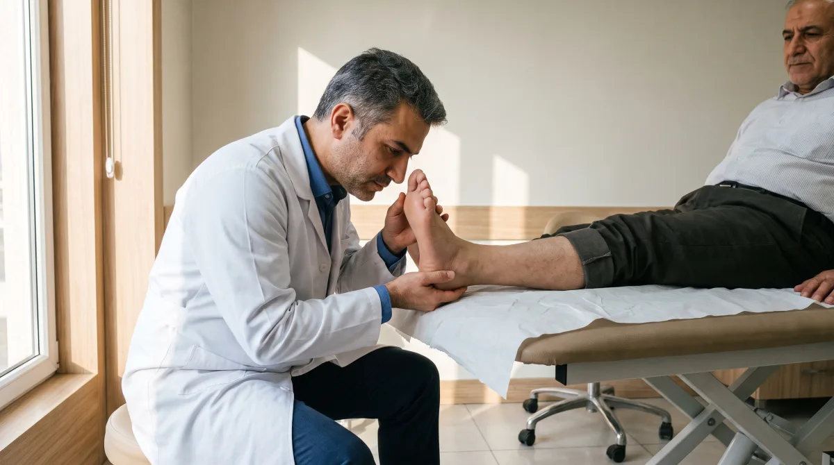 پزشک ارتوپد در حال معاینه و لمس کف پای بیمار دیابتی روی تخت معاینه