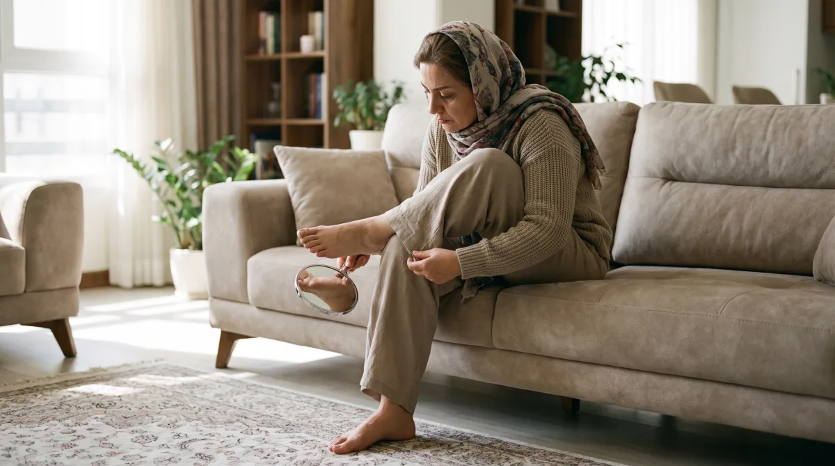 زن میانسال ایرانی در حال بررسی روزانه‌ی کف پای خود با آینه در خانه