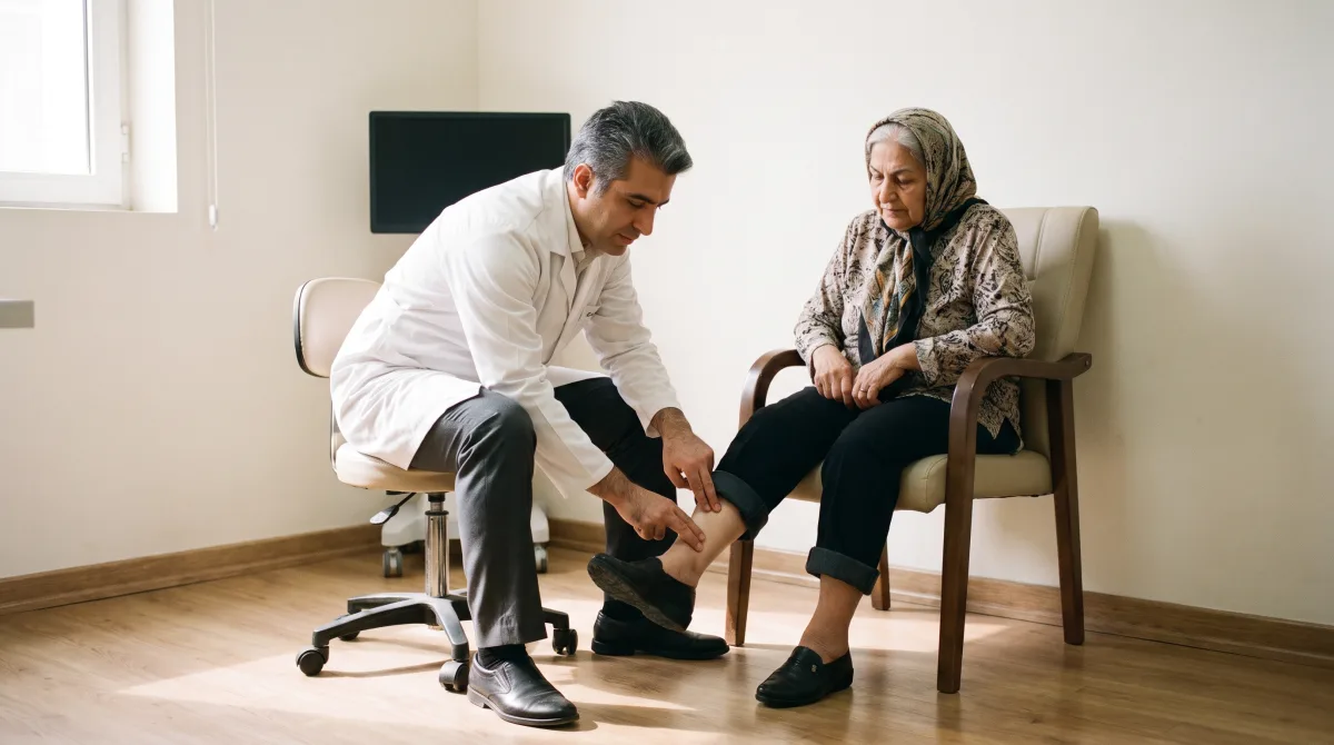 پزشک در حال گرفتن نبض مچ پای بیمار مسن در مطب مشاوره