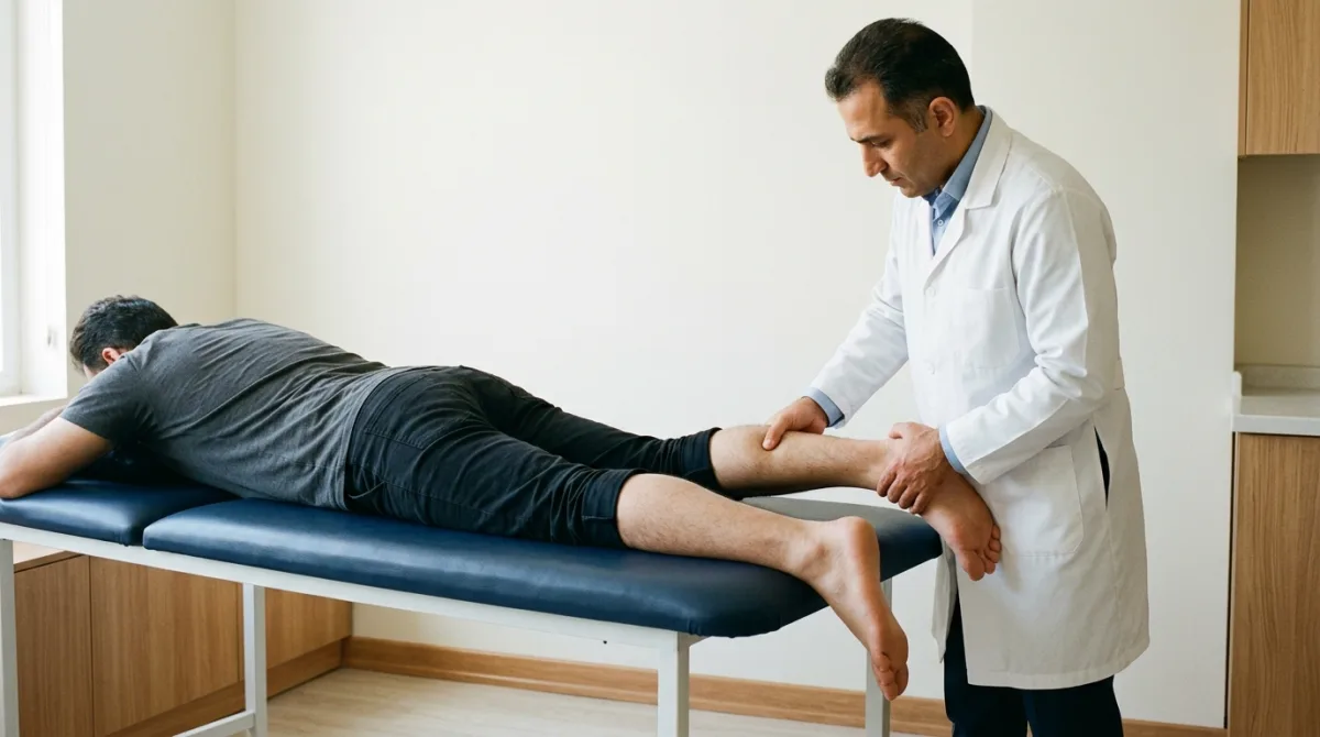 پزشک ارتوپد در حال انجام تست تامپسون با فشار دادن عضلهی ساق بیمار دراز کشیده روی تخت