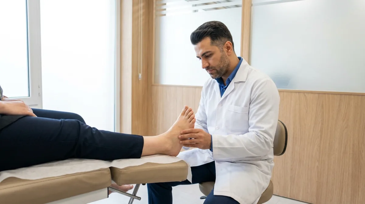 معاینهی کف پای بیمار توسط پزشک ارتوپد در مطب برای بررسی علت خارش پا