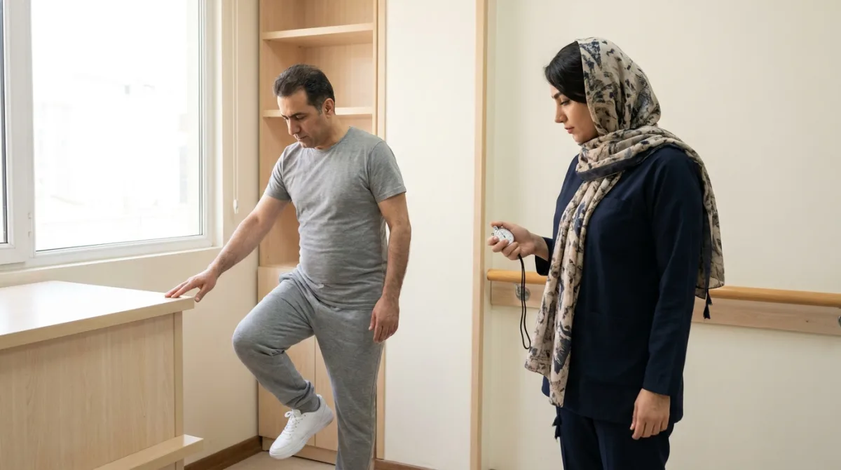تمرین ایستادن روی یک پا کنار میز برای بازگشت تعادل بعد از جراحی مچ پا