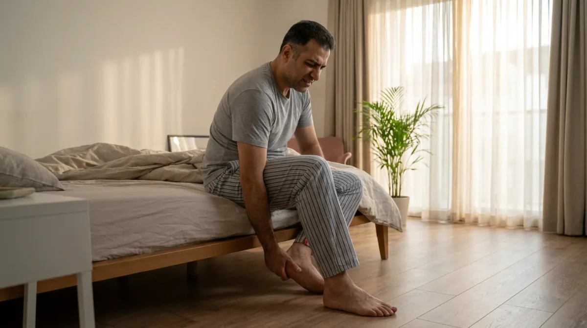 مرد میانسال ایرانی صبح کنار تخت با دست روی پاشنه؛ درد صبحگاهی التهاب تاندون کف پا