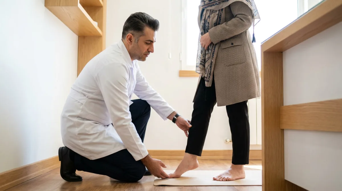 معاینهی قوس کف پا در حالت ایستاده توسط جراح ارتوپد برای بررسی علائم گودی زیاد کف پا