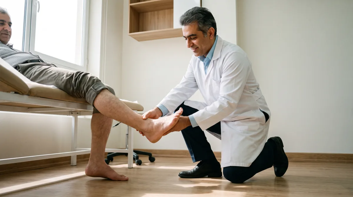 پزشک ارتوپد در حال معاینه‌ی کف پای بیمار روی تخت معاینه در مطب، بدون نمایش زخم
