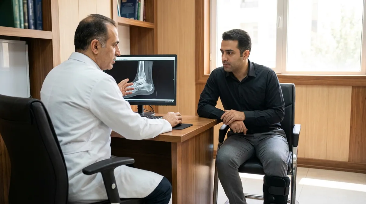 پزشک ارتوپد در حال بررسی سی‌تی‌اسکن مچ پا برای شکستگی تالوس با بیمار