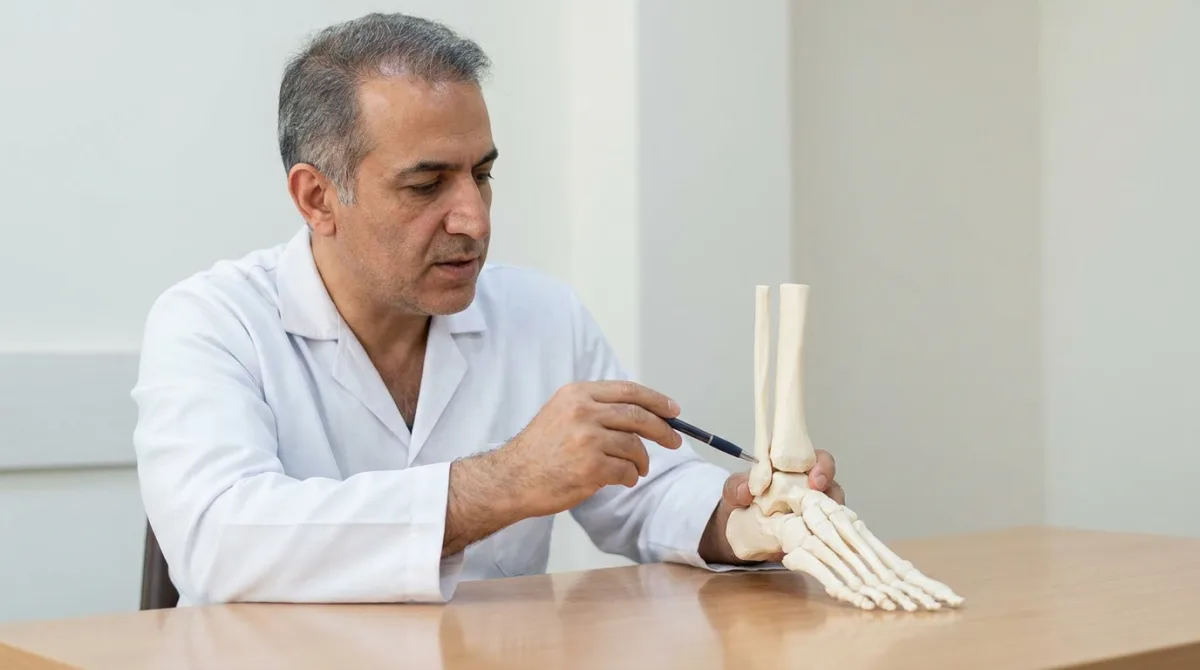 محل استخوان تالوس در مچ پا روی مدل آناتومی در مطب ارتوپدی