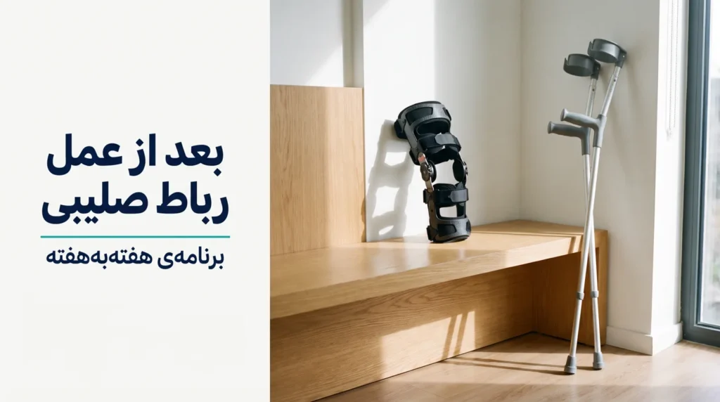 بعد از عمل رباط صلیبی؛ بریس زانو و عصا در اتاق توانبخشی، برنامه‌ی هفته‌به‌هفته‌ی بهبودی