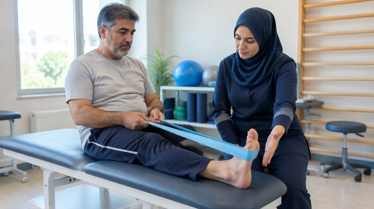 بیمار ایرانی در حال تمرین مچ پا با کش ورزشی زیر نظر فیزیوتراپیست