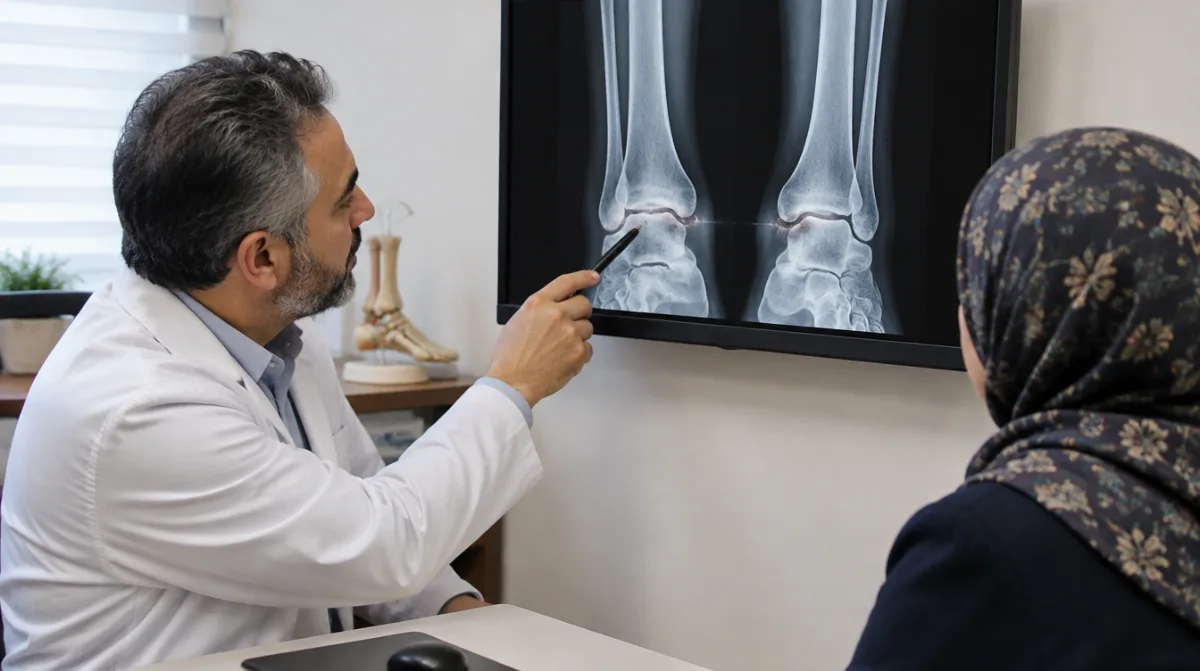 جراح ارتوپد در حال توضیح رادیوگرافی ایستاده‌ی مچ پا با باریک شدن فضای مفصل به بیمار