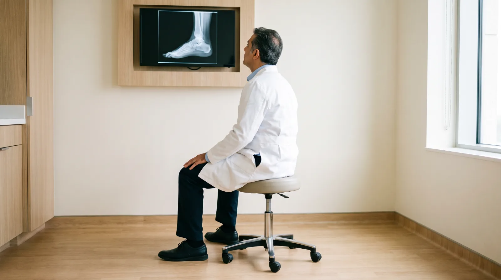 جراح ارتوپدی پا و مچ پا در مطب در حال بررسی رادیوگرافی مچ پا روی نمایشگر