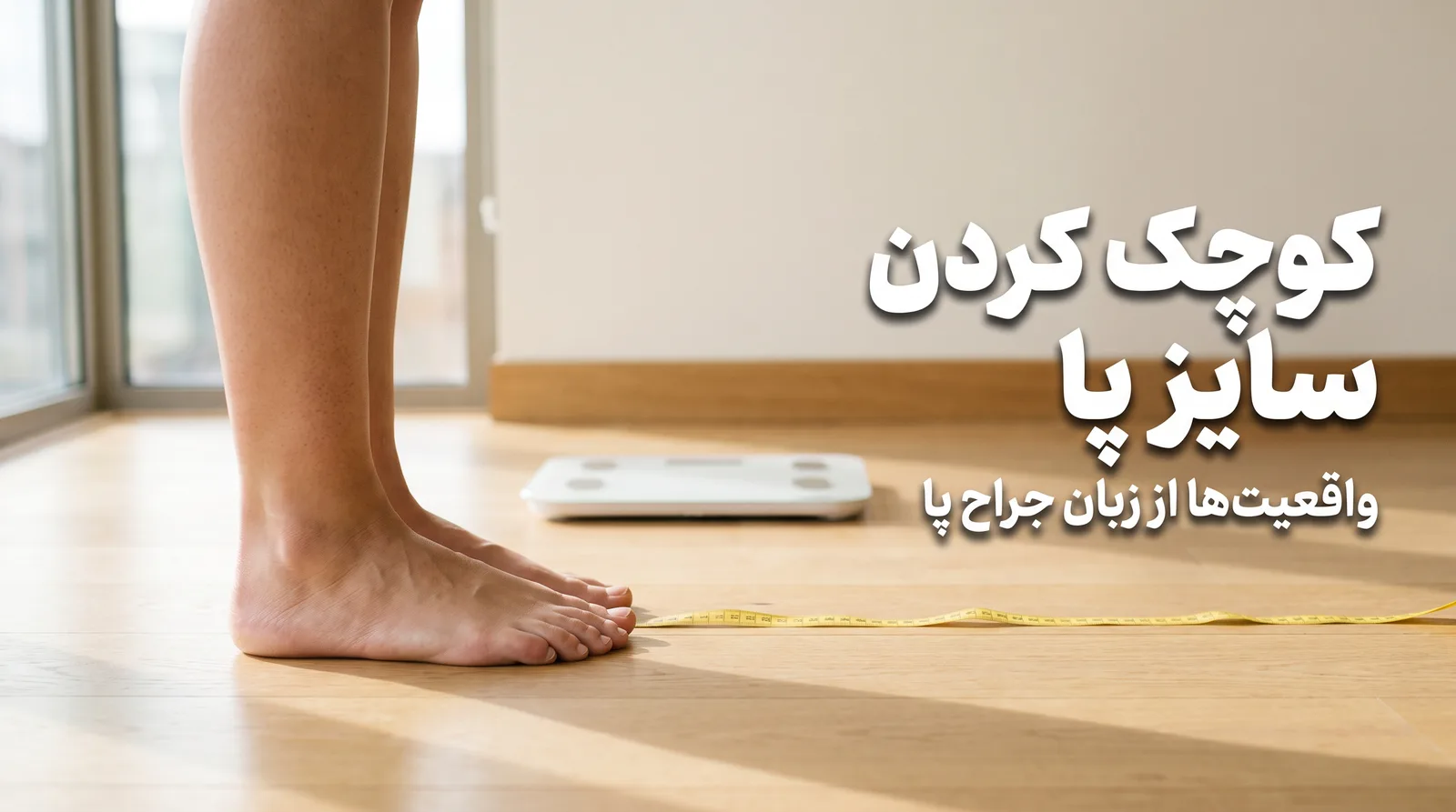 پای برهنه‌ی بیمار کنار متر و ترازو روی کف چوبی مطب، با عنوان «کوچک کردن سایز پا»