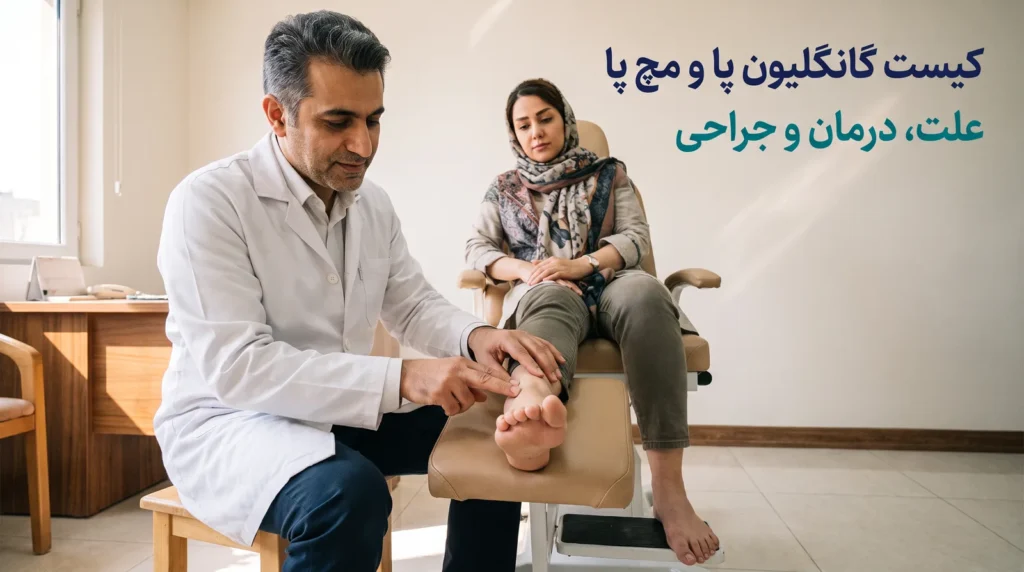 جراح ارتوپد ایرانی در حال معاینه‌ی کیست گانگلیون روی پشت پای بیمار